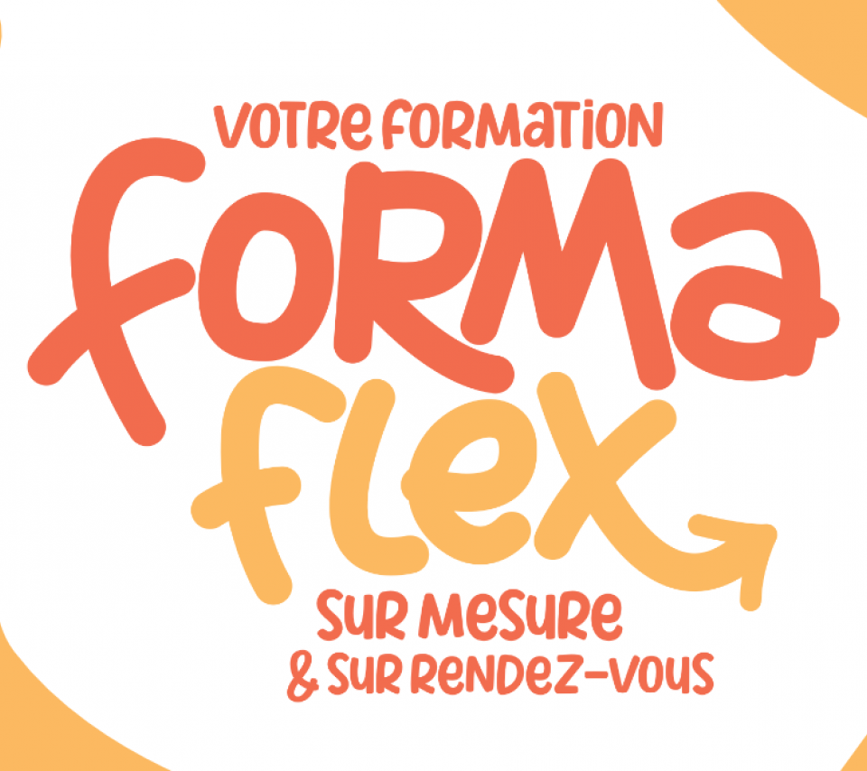 Visuel de FormaFlex "Votre formation sur mesure et sur rendez-vous" : logo typographique et flèches dynamiques en orange et rouge