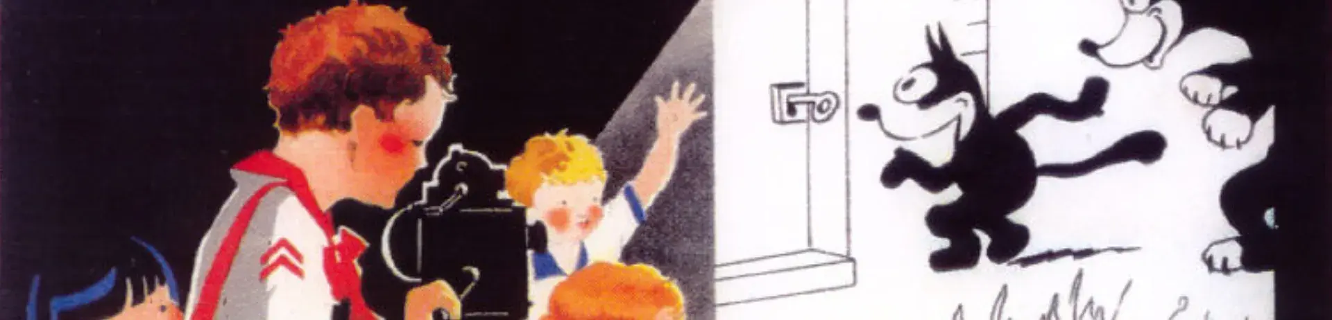 Publicité pour le Pathé-Baby "Pathé-Kid" : illustration d'enfants projetant un épisode de Félix le Chat