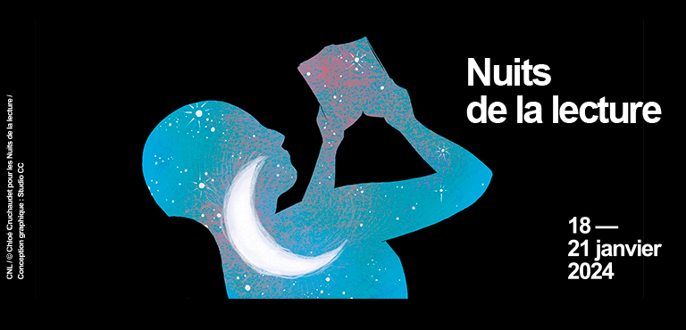 Bandeau officiel des Nuits de la lecture 2024 : dessin de Chloé Cruchaudet