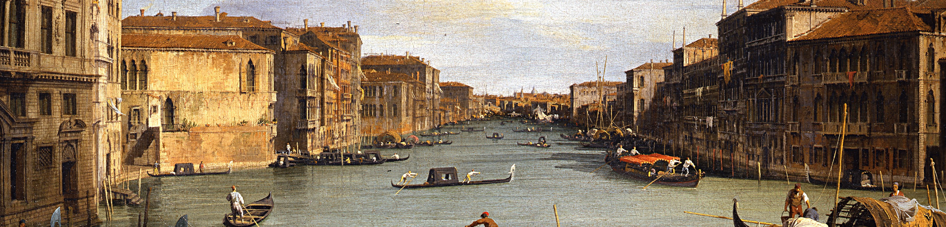 Peinture d'un canal emprunté par des gondoliers et passant entre les bâtiments d'une ville