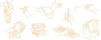 Dessins de mains portant des livres, des stylos, des journaux, écrivant au clavier